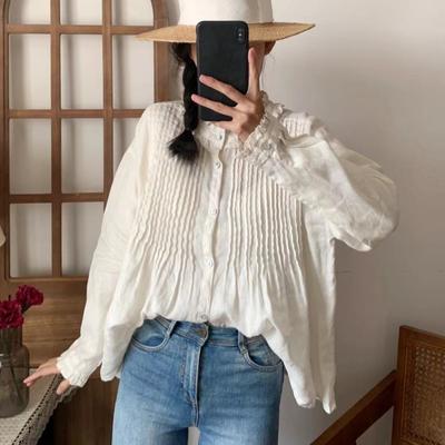 Sommer Shirts Rüschen Kragen Lose Einfarbig Plissee Casual Vintage Lose Frauen Blusen