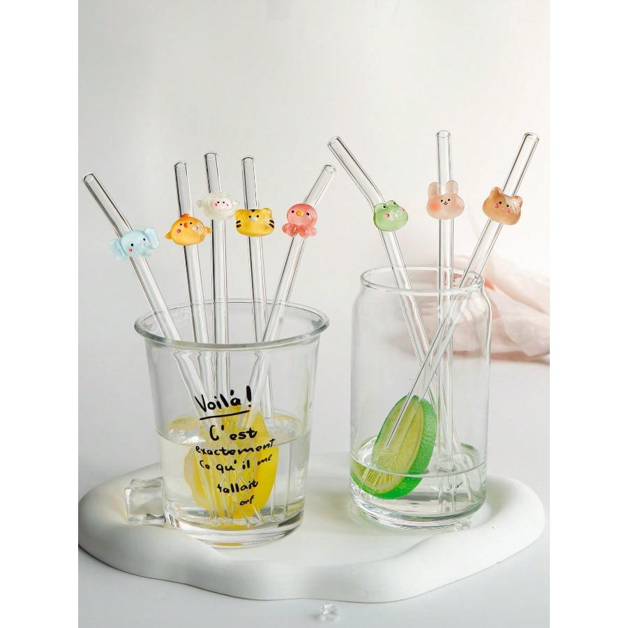 Glass Straws with Animal Charms, Clear Bend Reusable Drinking Straw, for Cold Drinks, Milk Tea, Coffee, Juice, Smoothies, Kitchens, Restaurants