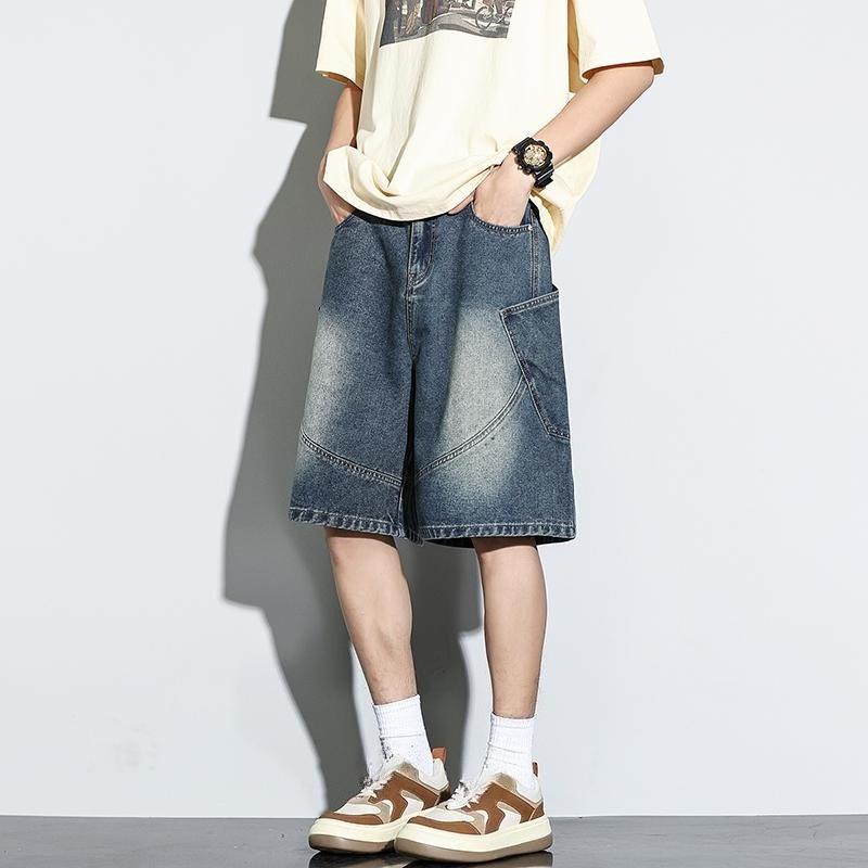 Summer Baggy Denim Shorts Fashion Casual Straight Harajuku Jeans Male Vintage Wash Drawstring Short Pants Streetwear