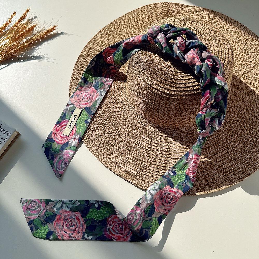 Flower Field Oil Painting Scarf Cotton Extended Long Ribbon Neckerchief Scarf Headband  Women