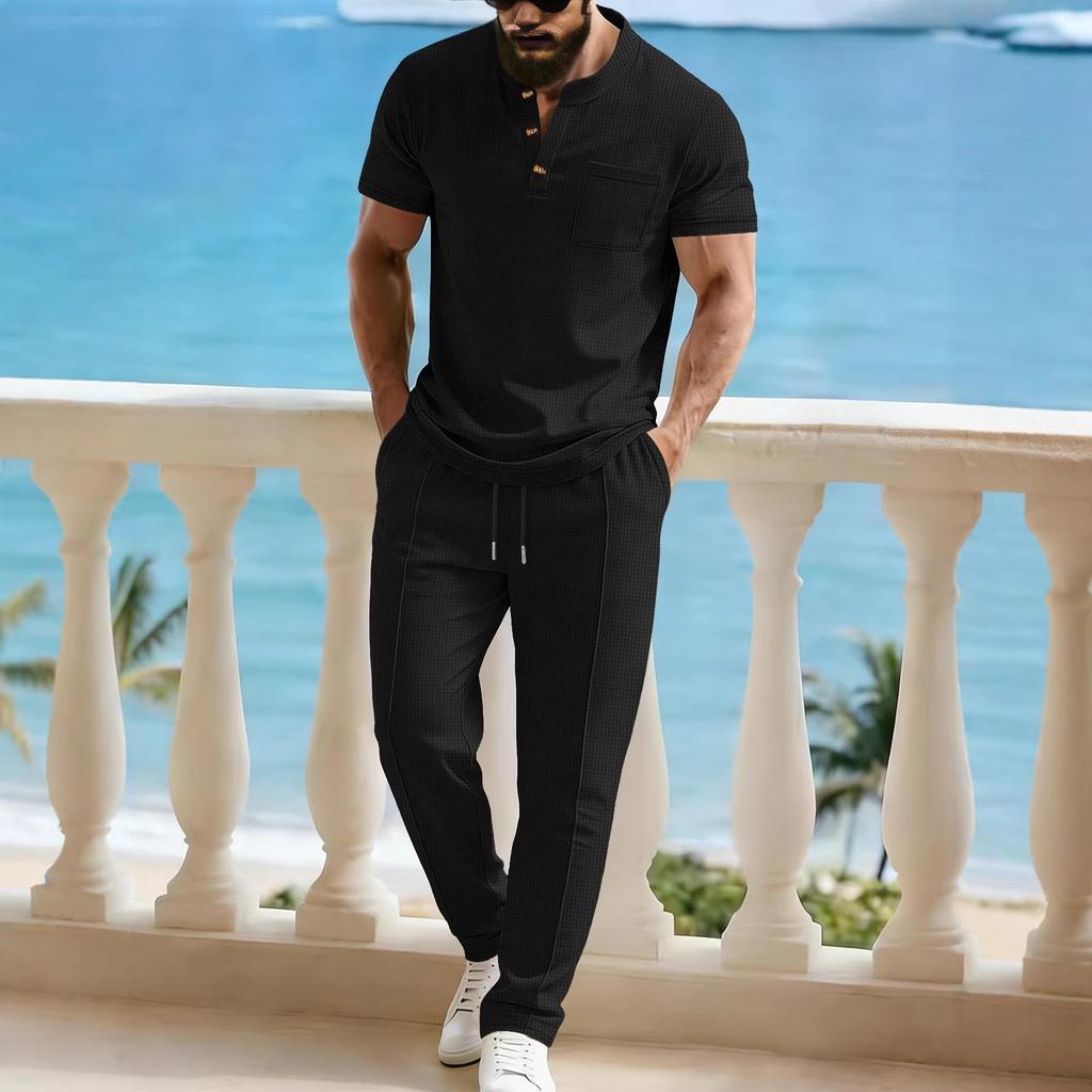 2026 Men's European & American Summer Henley T-Shirt + Drawstring Pants Set
