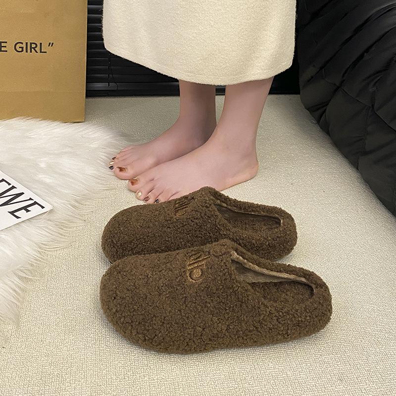 Korean Version of Thick-soled Lamb Wool Slippers Women's Outer Wear 2025 New Autumn and Winter Versatile Fashion One-word Plush Drag