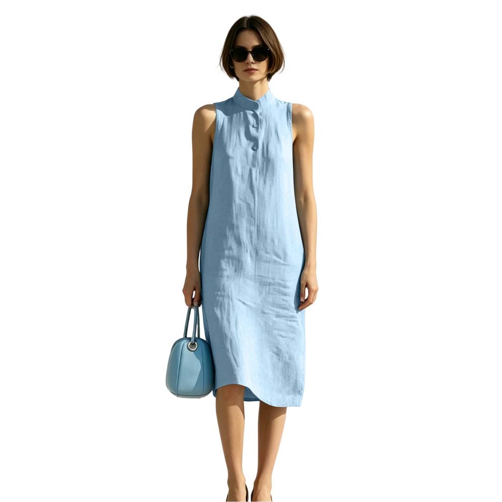 Sleeveless Loose Fit Summer Dress Midi Length Button Front Stand Collar Casual Lightweight Dress for Women