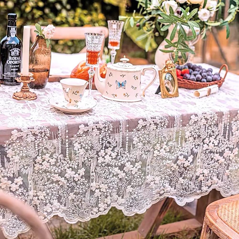 French Embroidery Lace Tablecloth Rectangular Vintage Floral Lace Table Cover for Kitchen Dining Banquet Wedding Home Decor