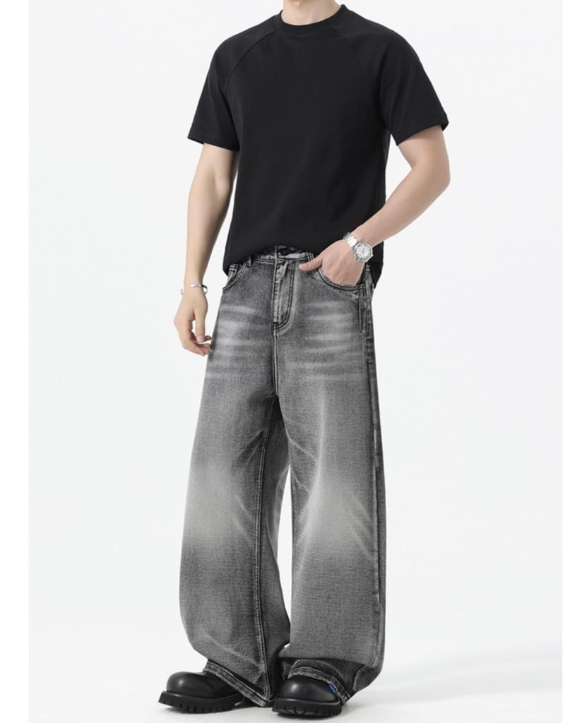 American vib high street washed jeans men's trendy brand loose retro straight wide-leg soot denim trousers men's