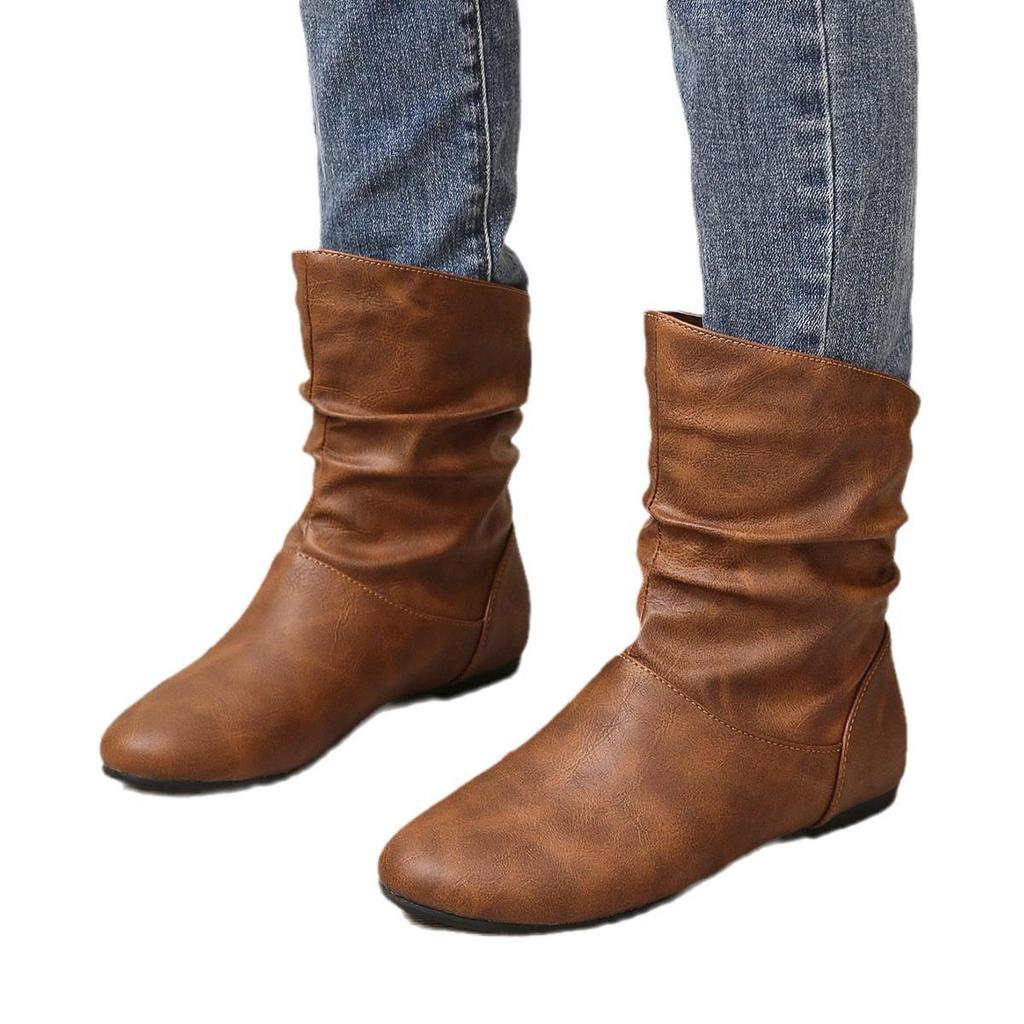 Women's Plus Size Flat Heel Ankle Boots with Ruched Design
