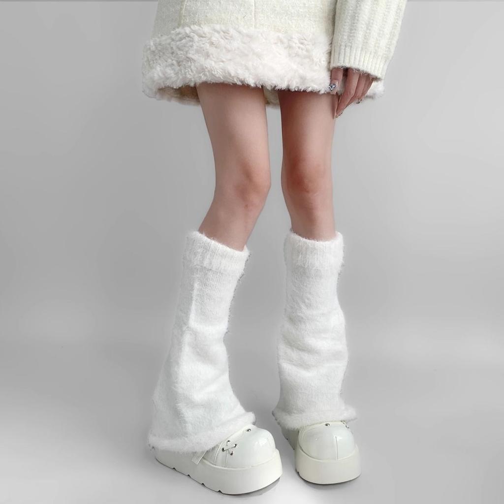Autumn Winter Gray Series Gray Plush Warm Versatile JK Spice Girl Mid-calf Leg Warmers Y2K Wide-leg Cuffed Slouchy Leg Warmers