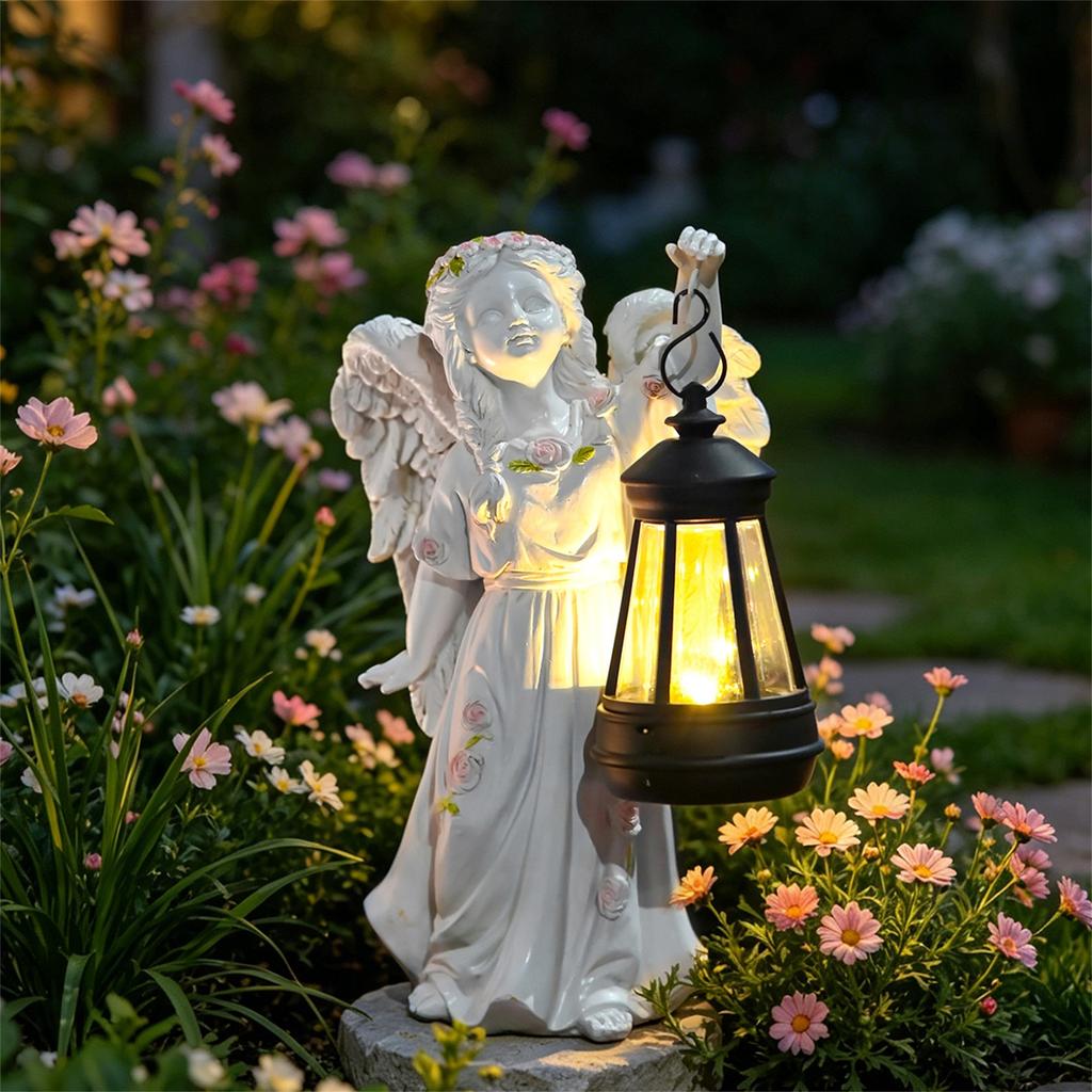 Outdoor Garden Angel Statue with Lantern Solar Powered Resin Craft Decorative Sculpture for Yard Patio Lawn Home Accent