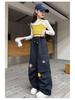 Girls' Autumn Casual Wide-Leg Cargo Pants with Korean Street Style and Trendy Embroidered Design