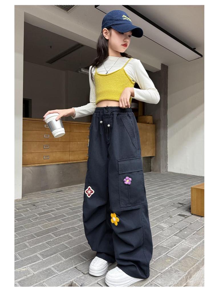 Girls' Autumn Casual Wide-Leg Cargo Pants with Korean Street Style and Trendy Embroidered Design