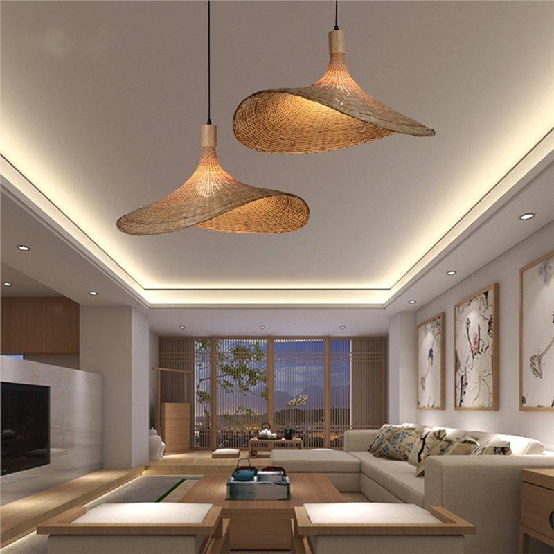 A84E-Bamboo Hanging Lamp Light Rattan Cord, Hemp Rope Plug In Ceiling Light Fixture, Basket Lamp Shade