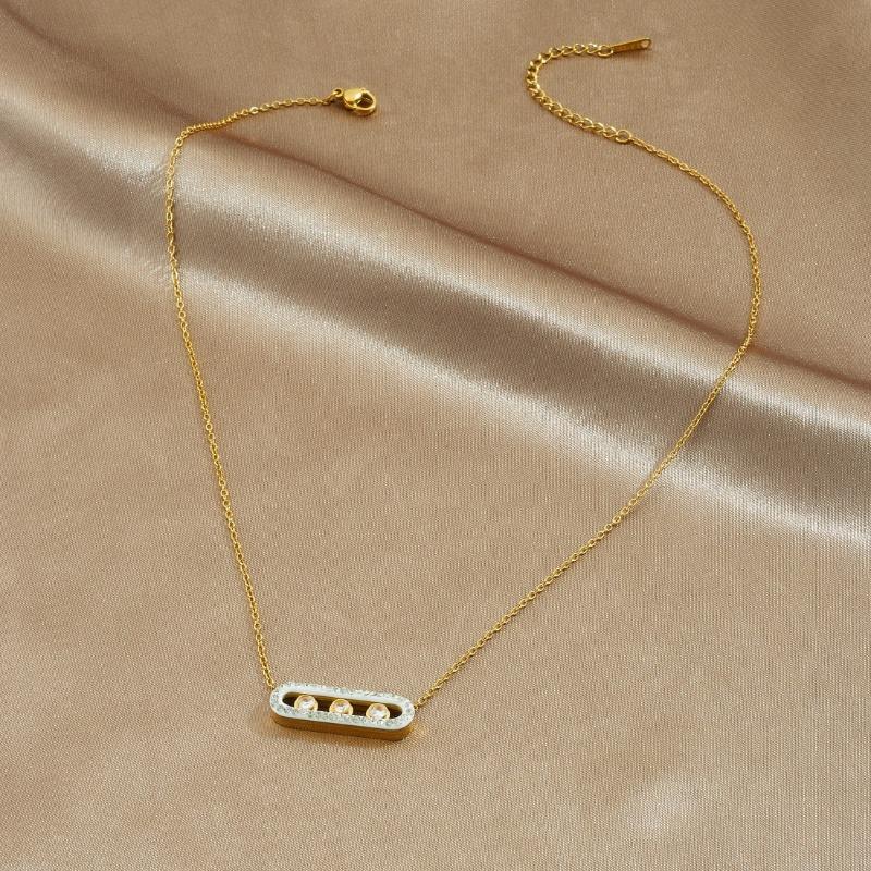 Gold Plated Stainless Steel Sliding Three Crystal Bar Pendant Necklace for Women золотой