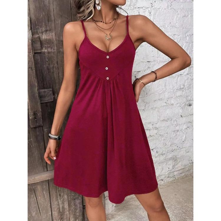 High-waisted Sleeveless Buttoned Patchwork Dress Solid Color Suspender Sexy V-neck Short Skirt for Women