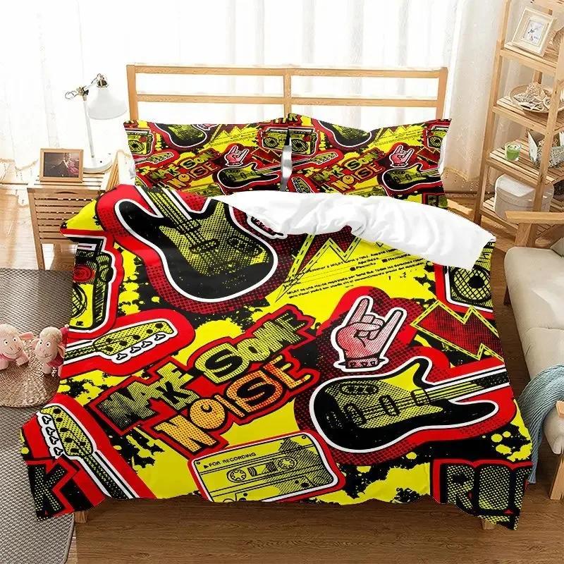 Graffiti Duvet Cover Set Cute Hip Hop Style Polyester Comforter Cover with Pillowcase Queen Full Size for Kid Teen Bedding Set