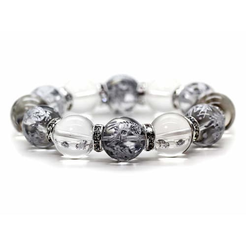 Ishiki Natural Quartz Crystal 16mm Silver Carved Four Divine Beasts Quartz Crystal 16mm Prayer Bead Bracelet for Money, Career, and Wealth (b329)