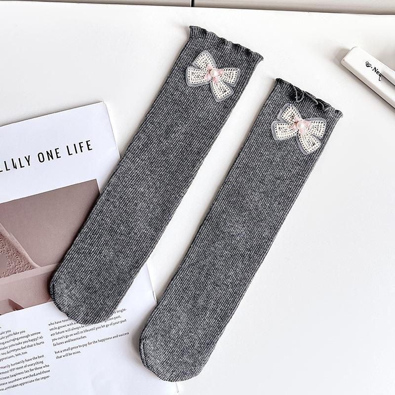 Children's Socks Girls' Solid Medium Long Socks Baby Cotton Comfortable Knee-high Socks With Bows And Lace Trim