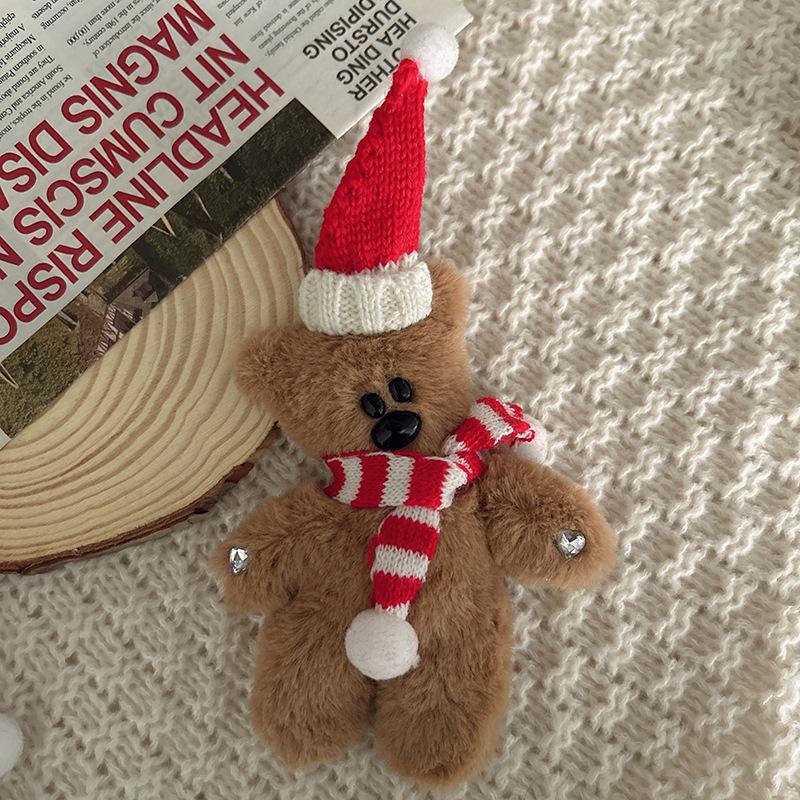 Kawaii Brown Little Bear Plush Keychain Cute Christmas Hat Bear Pendant Squeaking Bear Car Keyring Girls Women Bag Accessories
