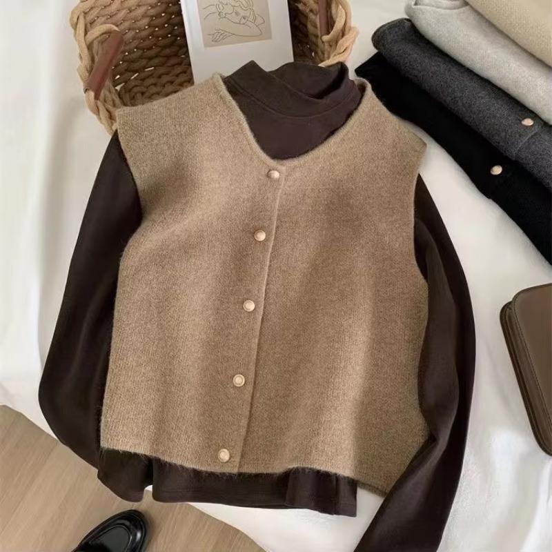 Fashion Single Breasted O Neck Knitted Women Sweater Vest Korean Casual Solid Sleeveless Women Cardigan Vest Casual Autumn Winter Knit Waistcoat 30990