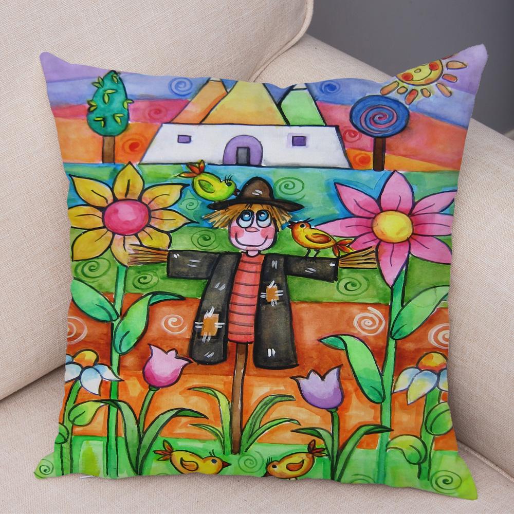Children Oil Painting Art Cushion Cover Both Sides Plush Pillow Case Decor Cartoon Plant Throw Pillowcase for Sofa Home Car