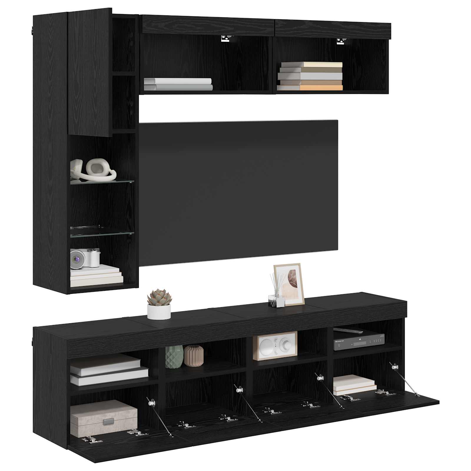 Wandmontiertes TV-Schrank mit LED-Beleuchtung (7 Stück) Spanplatte in Schwarzeiche-Optik