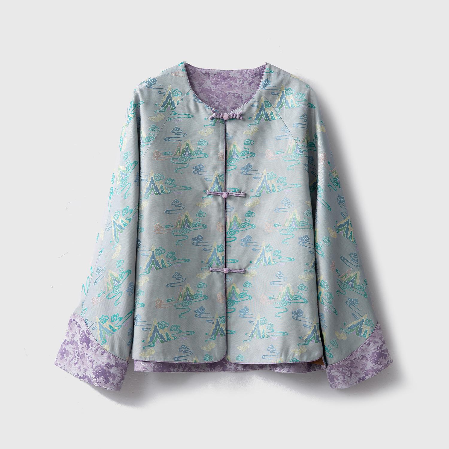 

Двусторонний кардиган класса люкс с контрастными цветами из шелка тутового дерева в китайском стиле для женщин - Весна 2025. XL