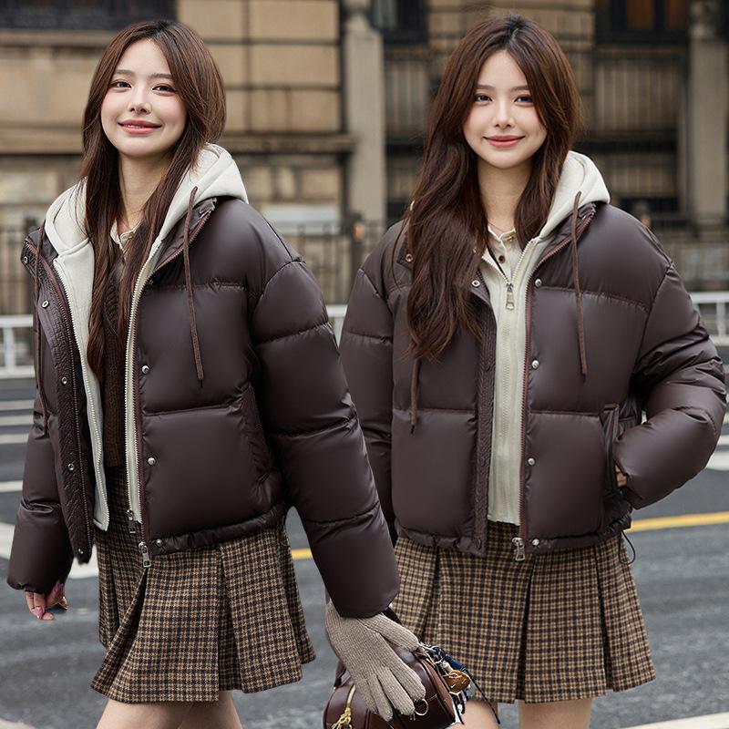 Fake two-piece padded jacket leave-in winter pu new padded jacket short thickened padded jacket hooded bread small jacket