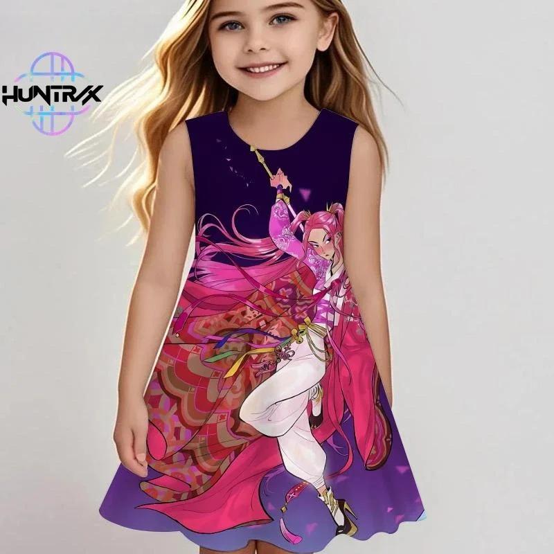 Kpop Demon Hunters Kids Dress Summer Girls Anime Cartoon Print Beach Dress Casual Sleepwear