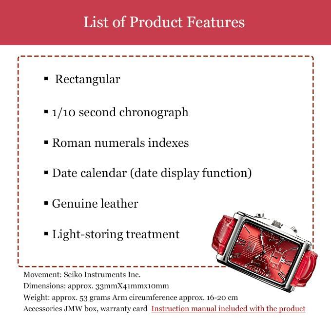JMW TOKYO Square Red Square Limited Seiko Quartz Leather Genuine Simple Popular for Day Gift to 300 pieces Men's Watch, & Silver, Rectangular, Men's