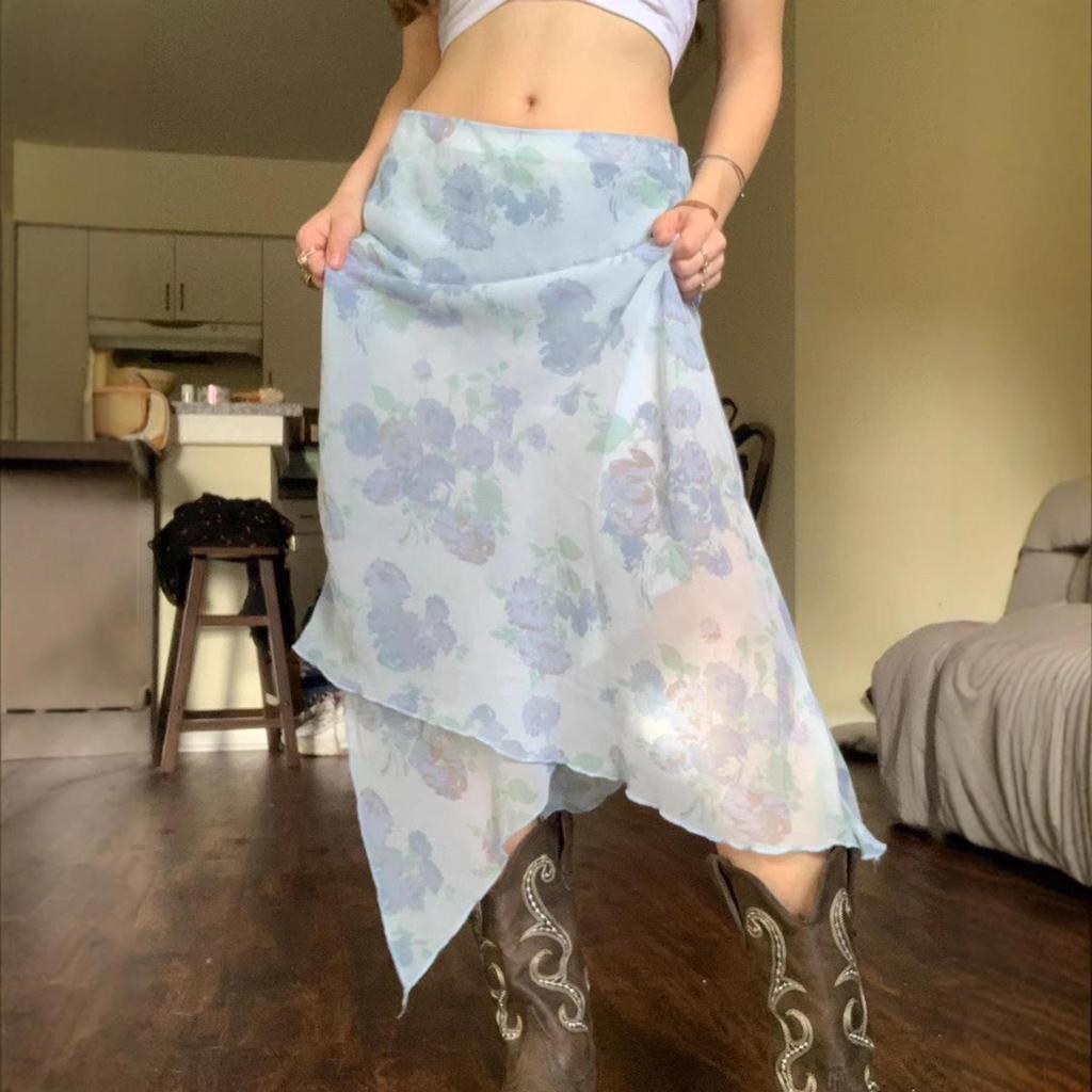 Spicy Floral Ruffle Mesh Skirt - Irregular Hem for Summer Vacation