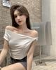 Design Sense White Kink Slanted Shoulder Short-sleeved T-shirt Women's Summer New Korean Style Wear Small Top