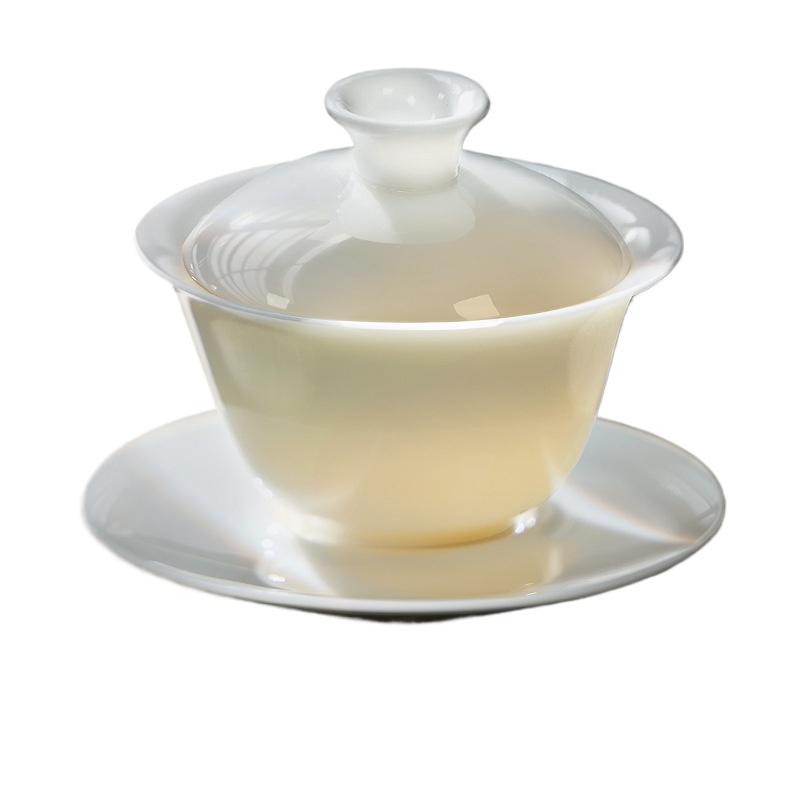 Suet jadecover bowl three talentsare not hot, hover white porcelain tea bowl householdhigh-end tea cup kung fu tea set tea maker