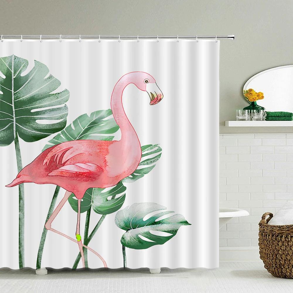 Tropical Plant Flamingo Shower Curtains Green Leaves Waterproof Polyester Fabric Home Decoration Bath Screen Bathroom Accessorie