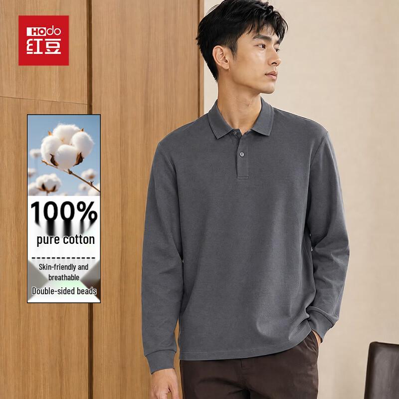 Hongdou Men's 100% Cotton Long-Sleeve Polo Shirt