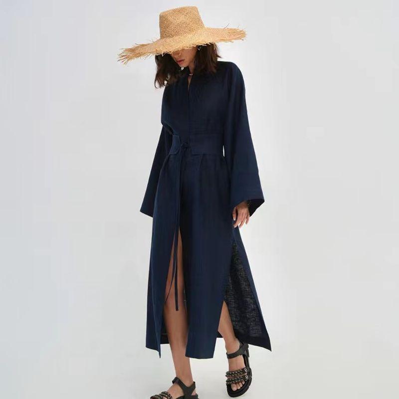 Fashion Loose Pure Color Vacation Style Long Dress Waist-Controlled Lace-up Split Dress Loose Lace up Dress