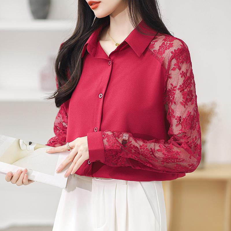 

16 цветная кружевная шифоновая рубашка в стиле пэчворк, женская блузка, модный алый топ с длинными рукавами, тонкая рубашка для работы и вечеринки, однотонная XL вино красного