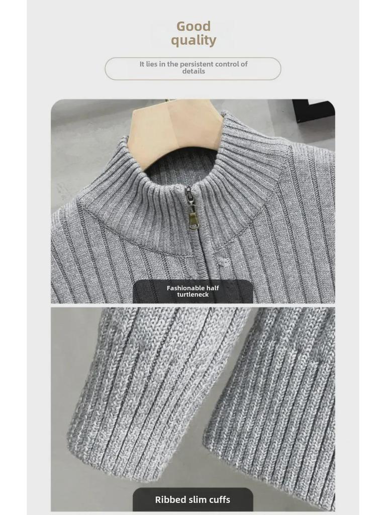 American Autumn/Winter Solid Color Zippered Knit Cardigan: Trendy Korean-Style Men's Outerwear