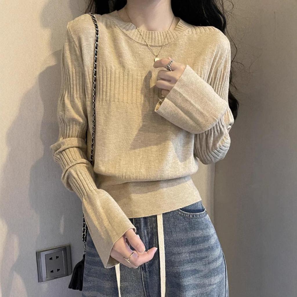 Women's White Cross-Border Bell Sleeve Sweater - Autumn/Winter Slim-Fit Waist-Cinching Knitted Pullover