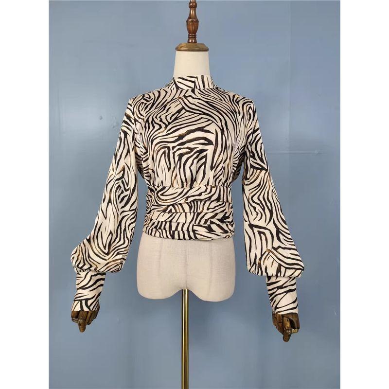 Foreign Trade Order RZ Temperament Fashion Summer New Smooth Satin Stand Collar Design Zebra Leopard Print Lantern Sleeve Shirts