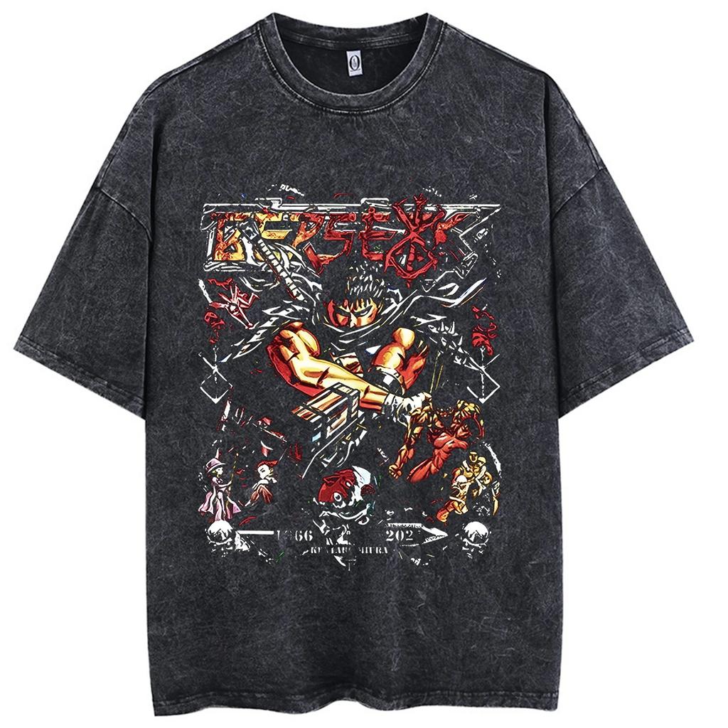 Camiseta Lavada Estampada de Anime Berserk Guts para Hombre Algodón de Alta Calidad Camisetas Vintage Oversize Street Tee Harajuku Camiseta Masculina