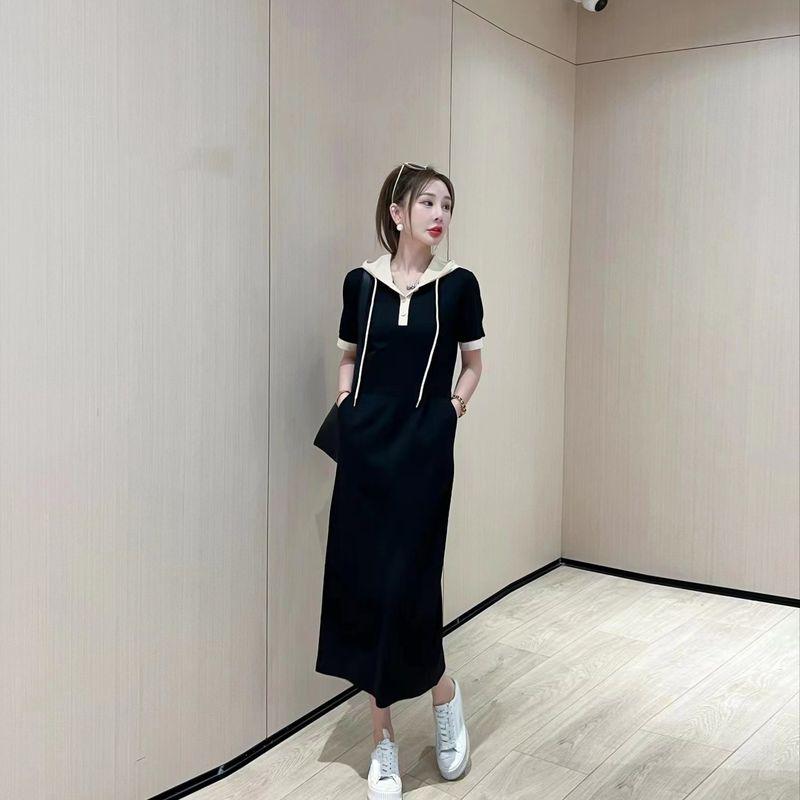 

Age-Reducing Summer Color Matching Casual Slim Looking Dress Short Sleeve Black M