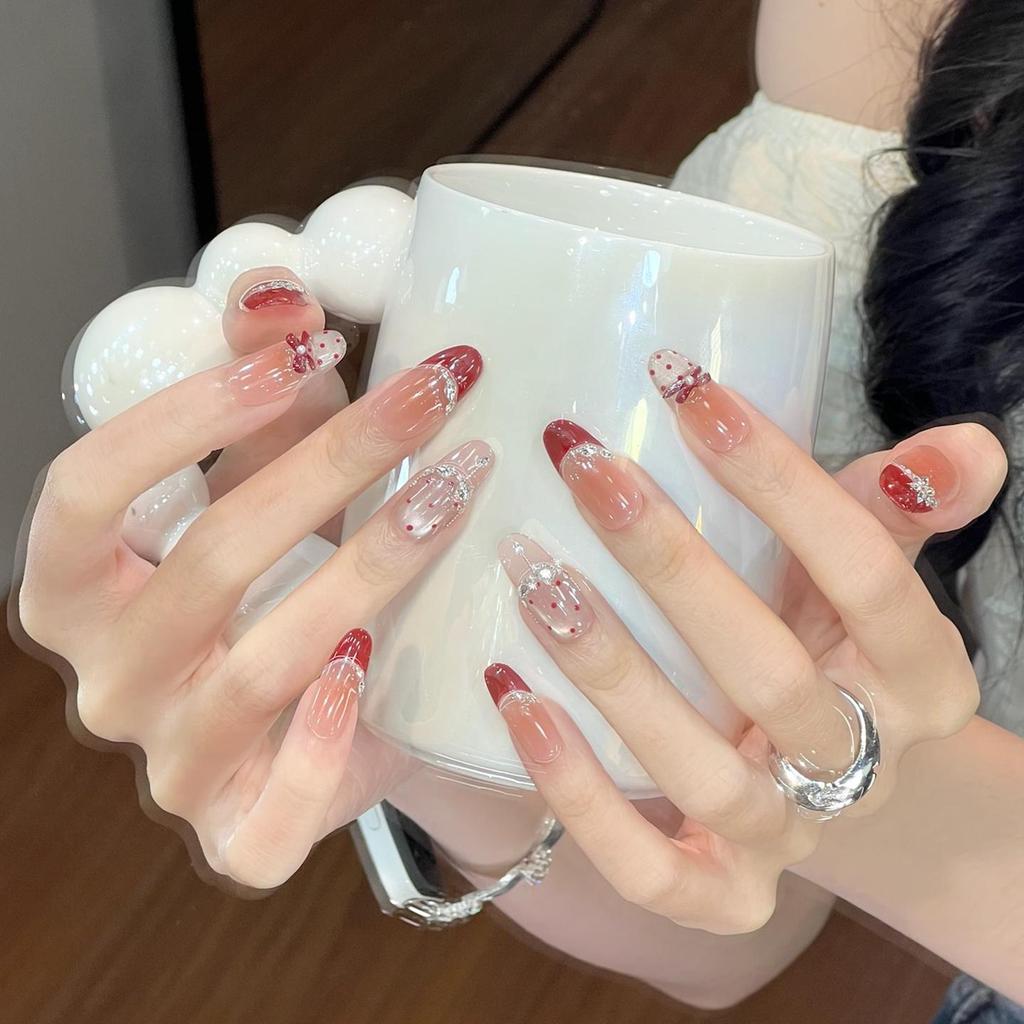 2026 Color Wearable Nails: French New Year Red Ballet, Polka Dot, Cat Eye Manicure Medium-Long Nail Tips