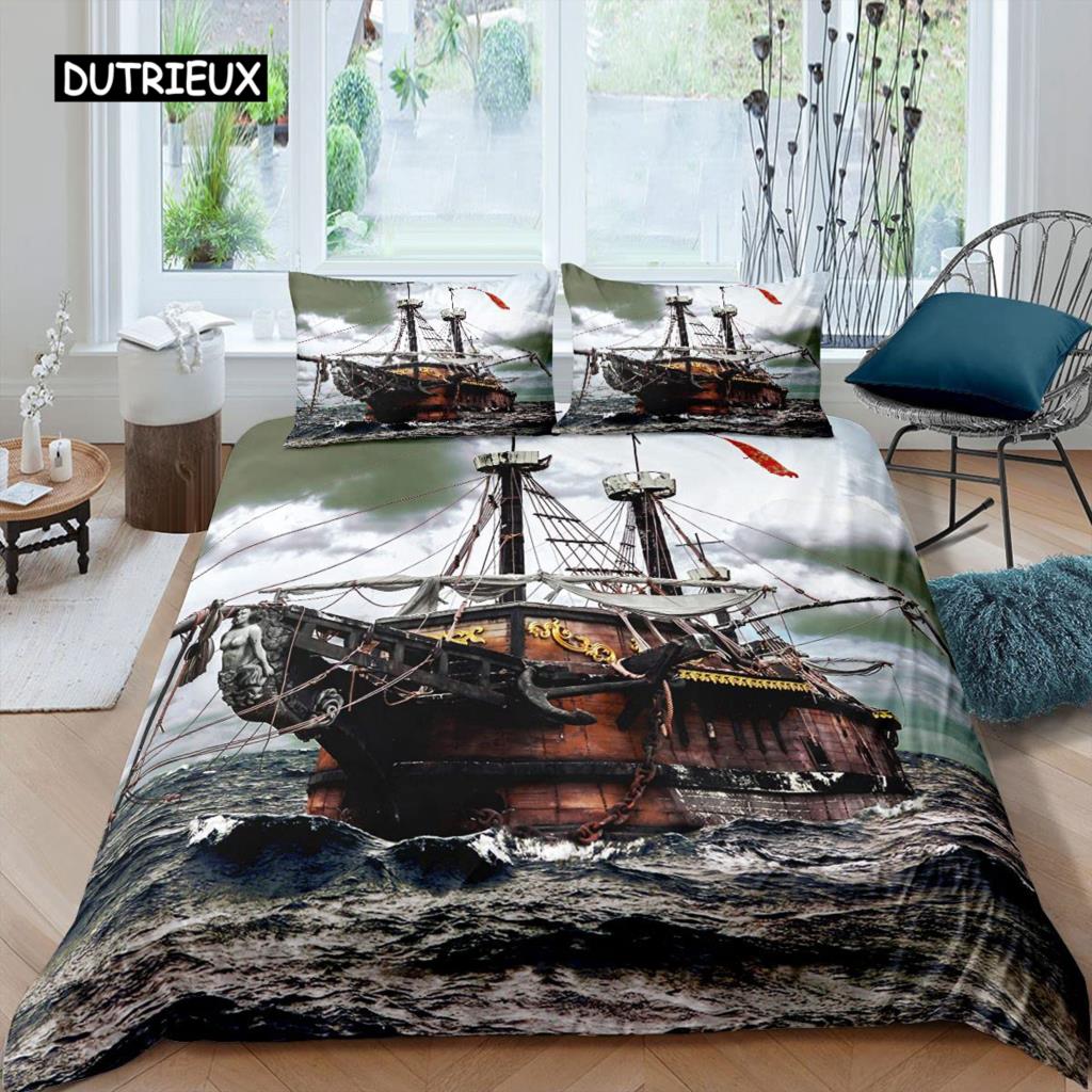 Sailboat Bedspread Cover Collection Plush Microfiber Fabric Nautical Decor Queen Dimension Retro Pirate Sailboat Comforter Cover Sunset Marine Pattern