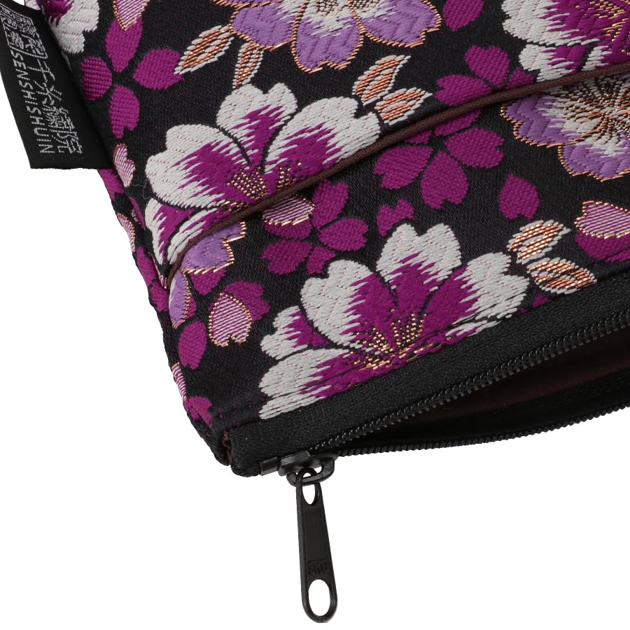 Senshishuin Nishijin Brocade Pouch with Double Cherry Blossom Design (Lined) Black-Purple (Small)