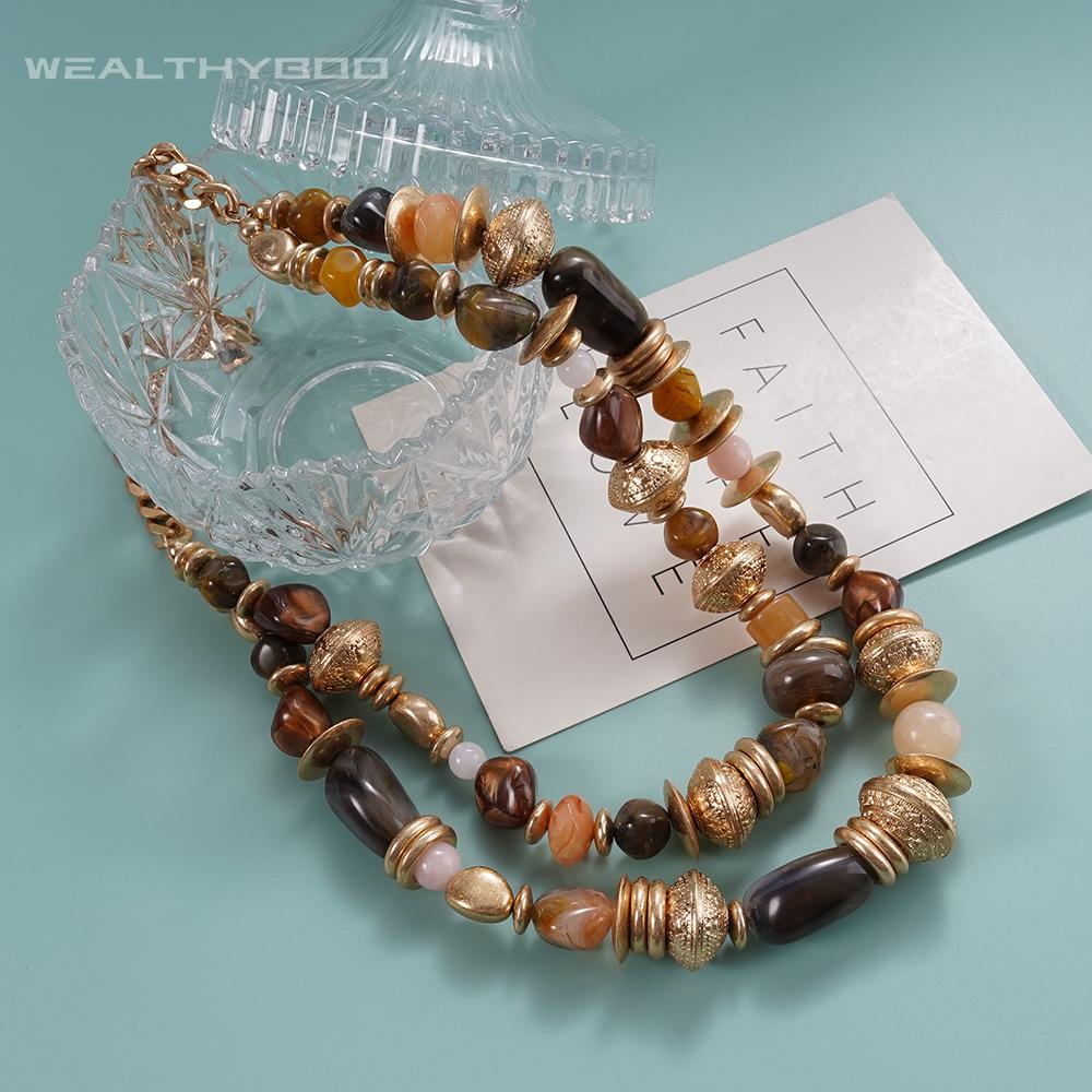 Layered Gold Tone Chunky Beaded Statement Necklace for Women Boho Vintage Style Adjustable Chain Fashion Jewelry Trendy Daily