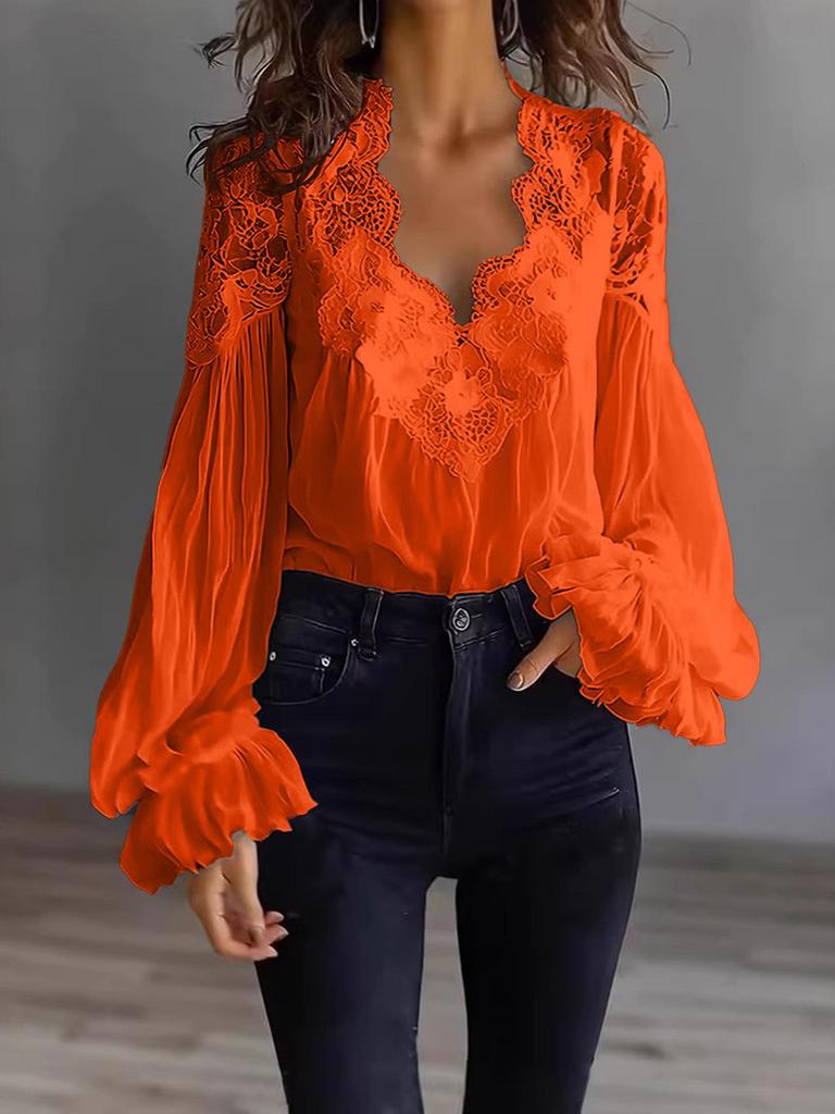 2026 European & American Women's Lace Patchwork Puff Sleeve Pleated Shirt