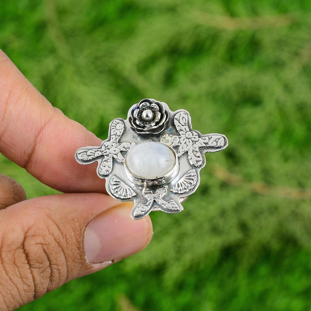 925 Sterling Silver Rainbow Moonstone Gemstone New Solitaire Flower Ring Jewelry