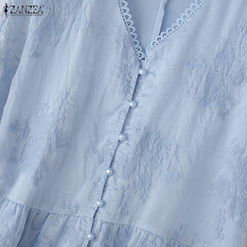 ZANZEA Women Elegant Embroidery Lace Patchwork Casual V-Neck Short Sleeve Blouse
