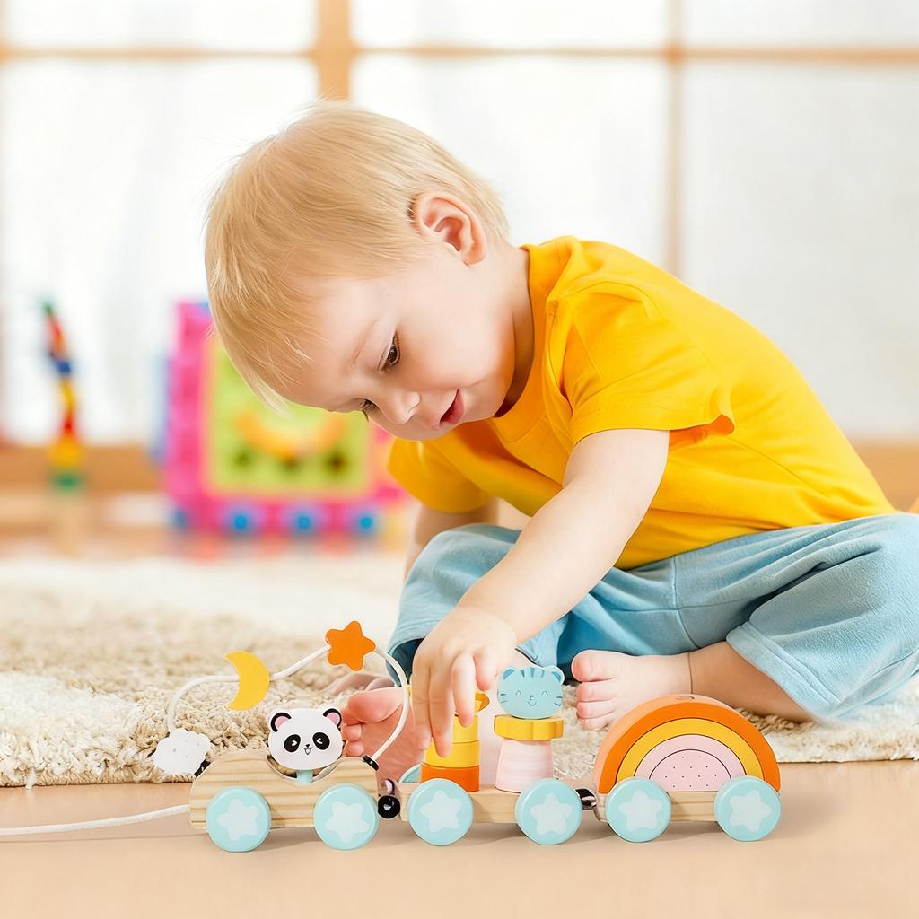 Animal Three- Pull Train Early Childhood Education Stacking Game Ring Column Matching Hand-eye Coordination Educational Toy