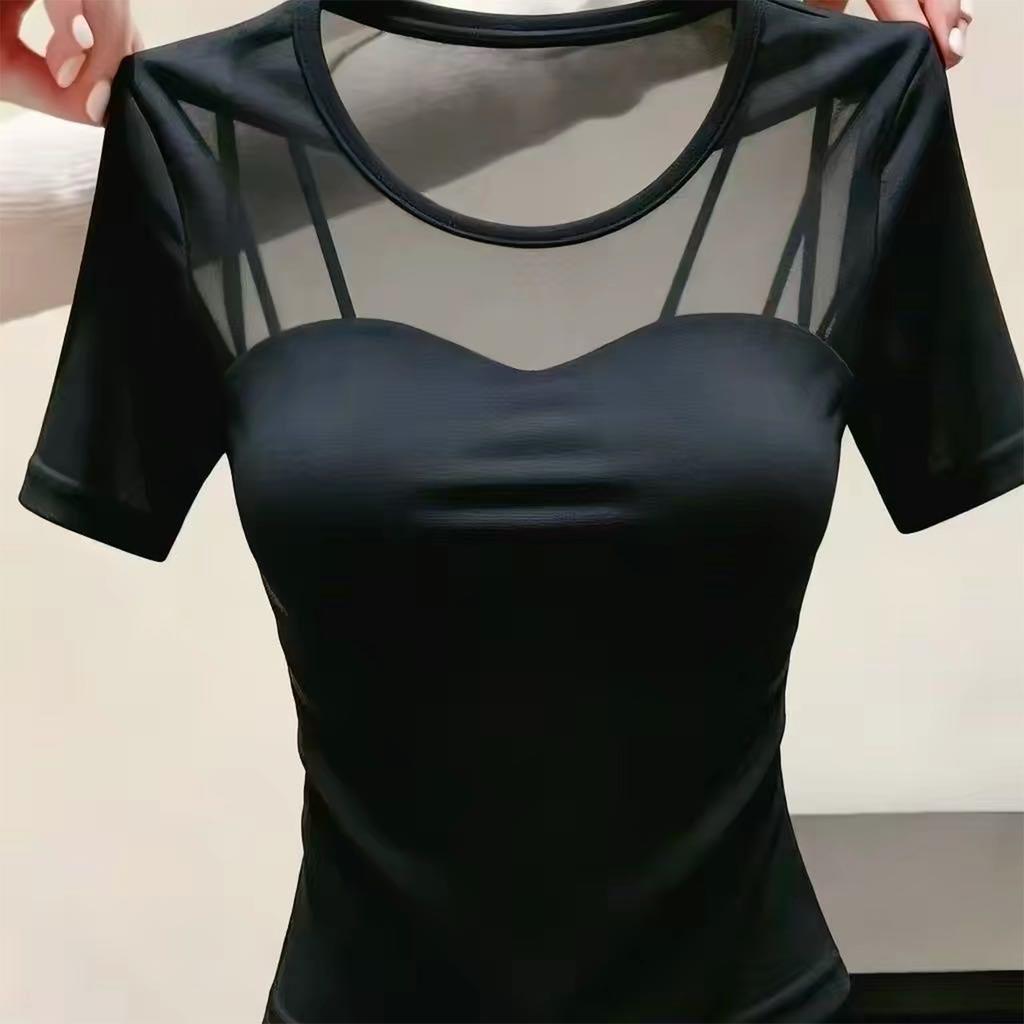 Mesh solid color V-neck T-shirt women's with chest pads, medium sleeves, summer new slim-fitting and thin inner bottoming shirt, foreign-style top