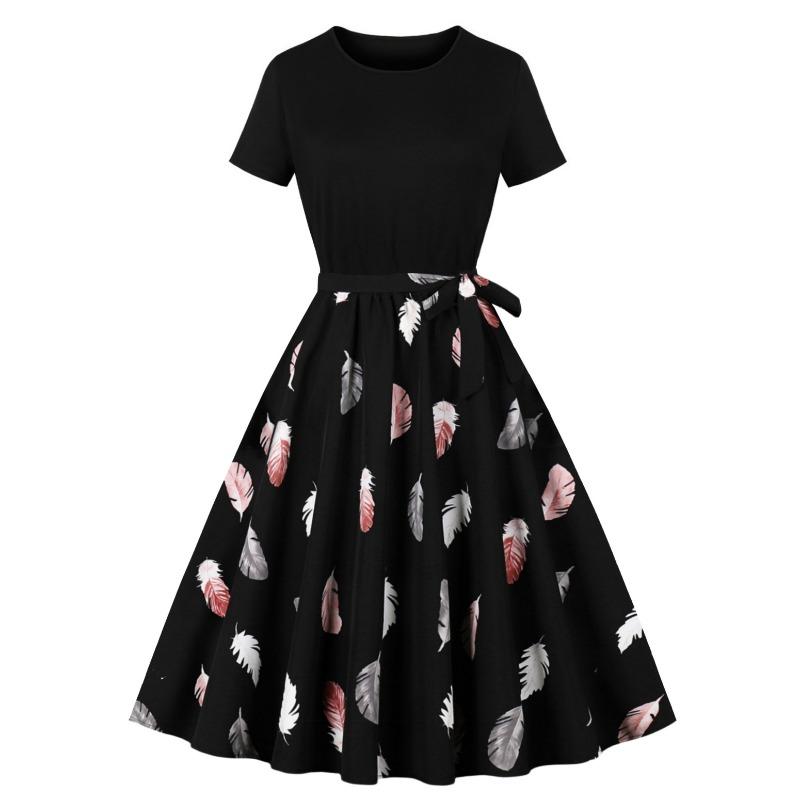 Summer New Retro Women's Crew Neck Short Sleeve Black Patchwork Printing Pendulum Dress